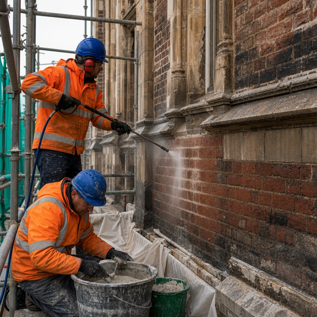 Facade cleaning and mortar repair carried out together on historic masonry