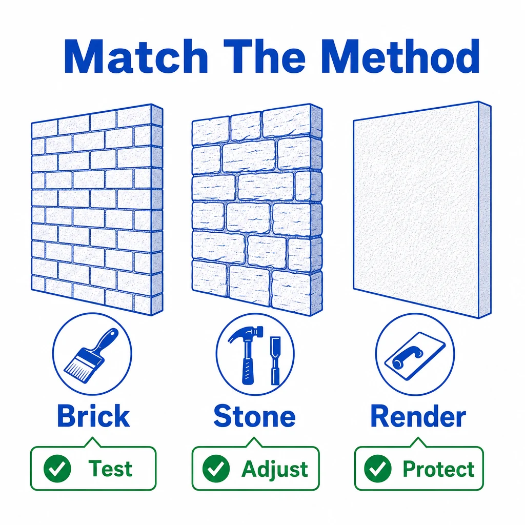 Graphic comparing cleaning methods for brick, stone and render