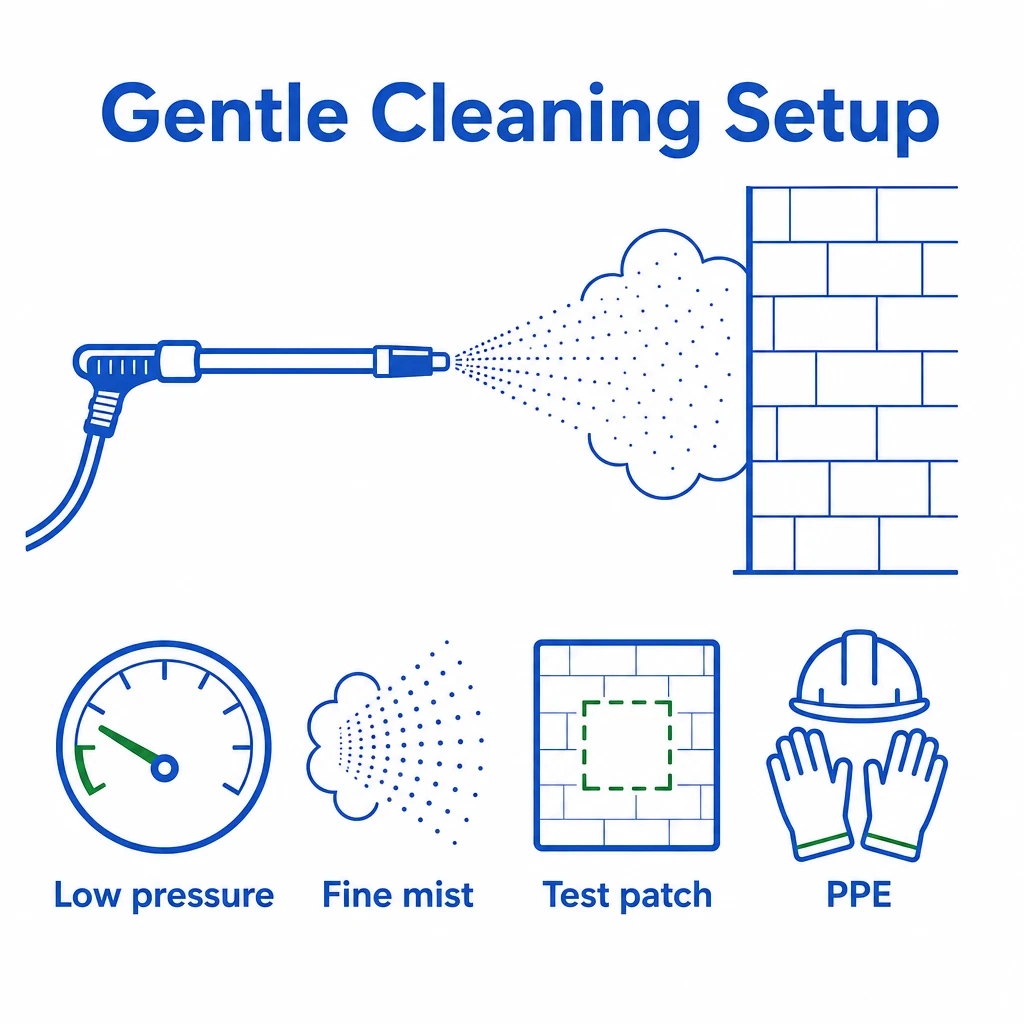 Graphic showing low pressure mist cleaning, test patch and PPE