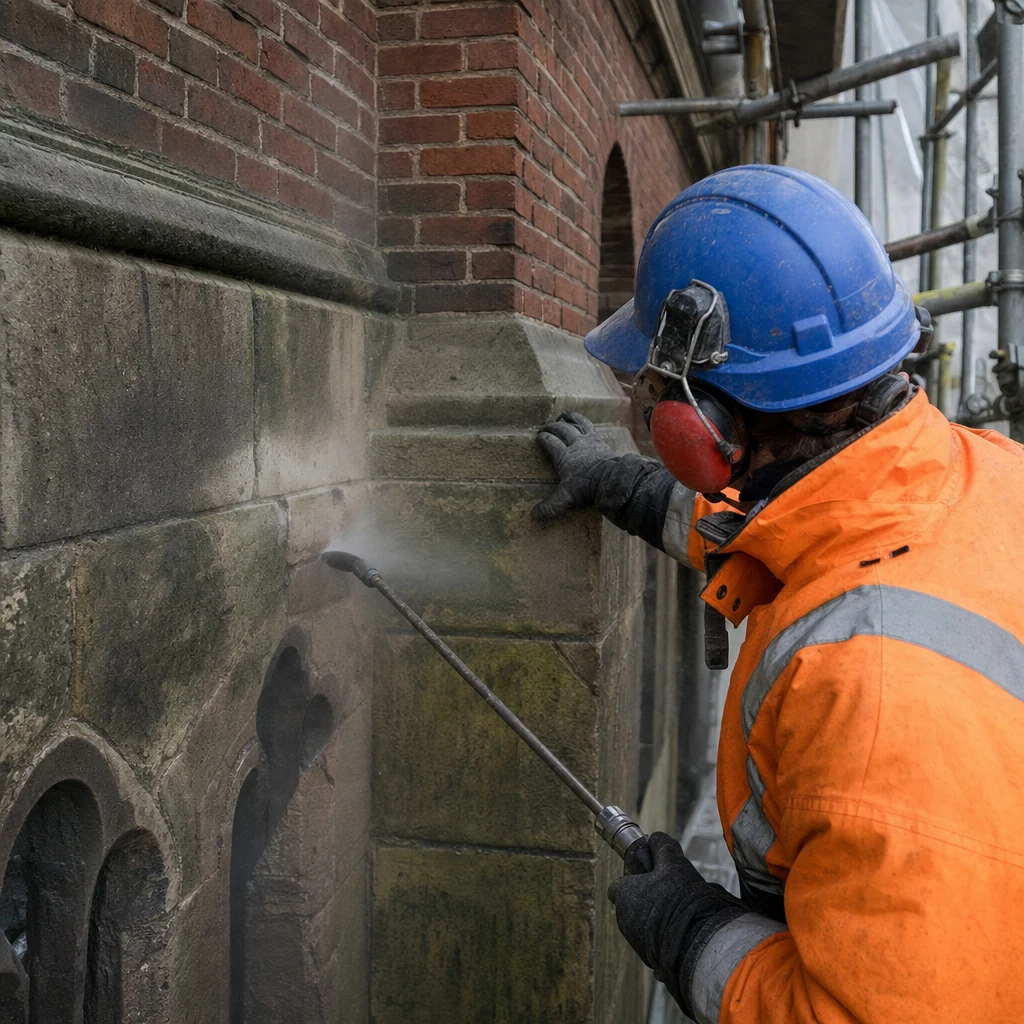 Worker inspecting delicate stained brick and stone before gentle cleaning