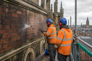 Workers gently clean a historic brick and stone facade from scaffolding