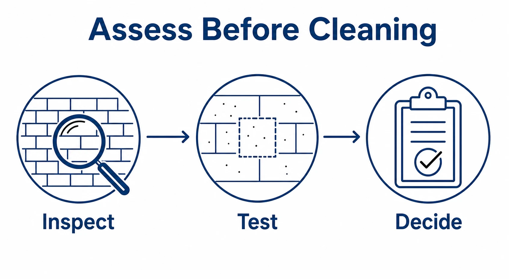 Assessment, test patch and decision steps before cleaning