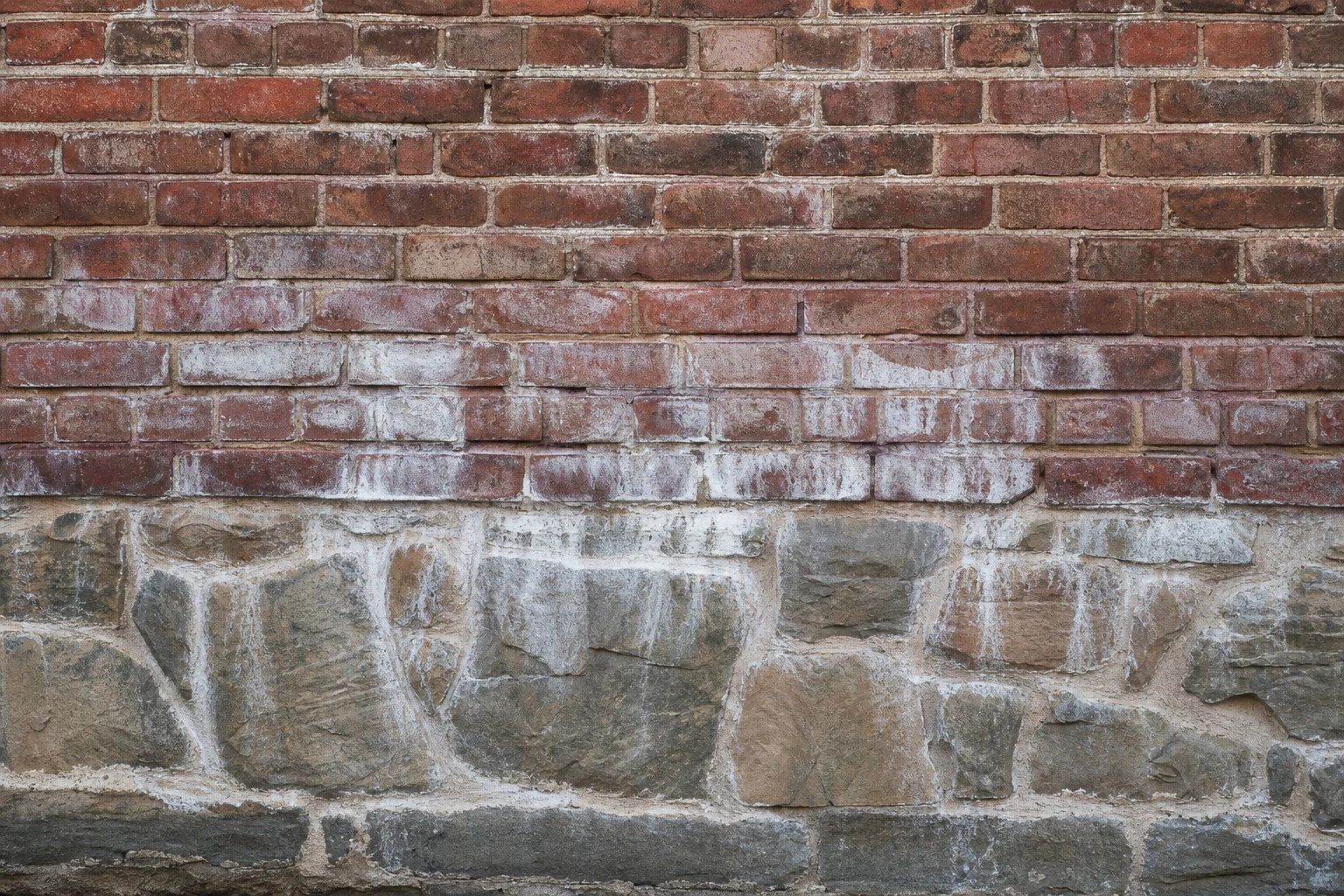 Brick and stone wall with efflorescence and water staining