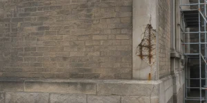Cracked concrete facade with rust staining from embedded steel corrosion.