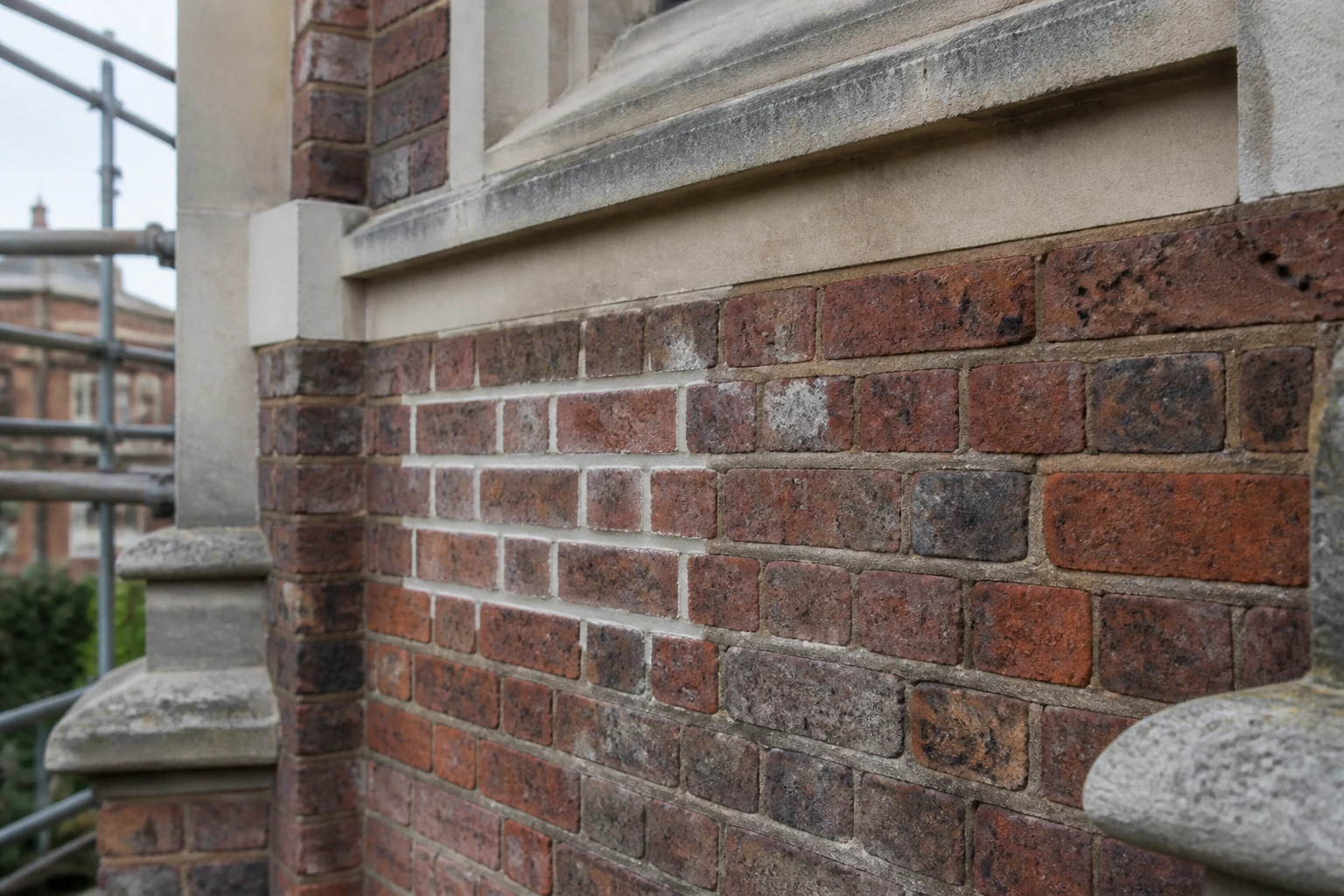 Clean brickwork with aged mortar joints and a repointed test area