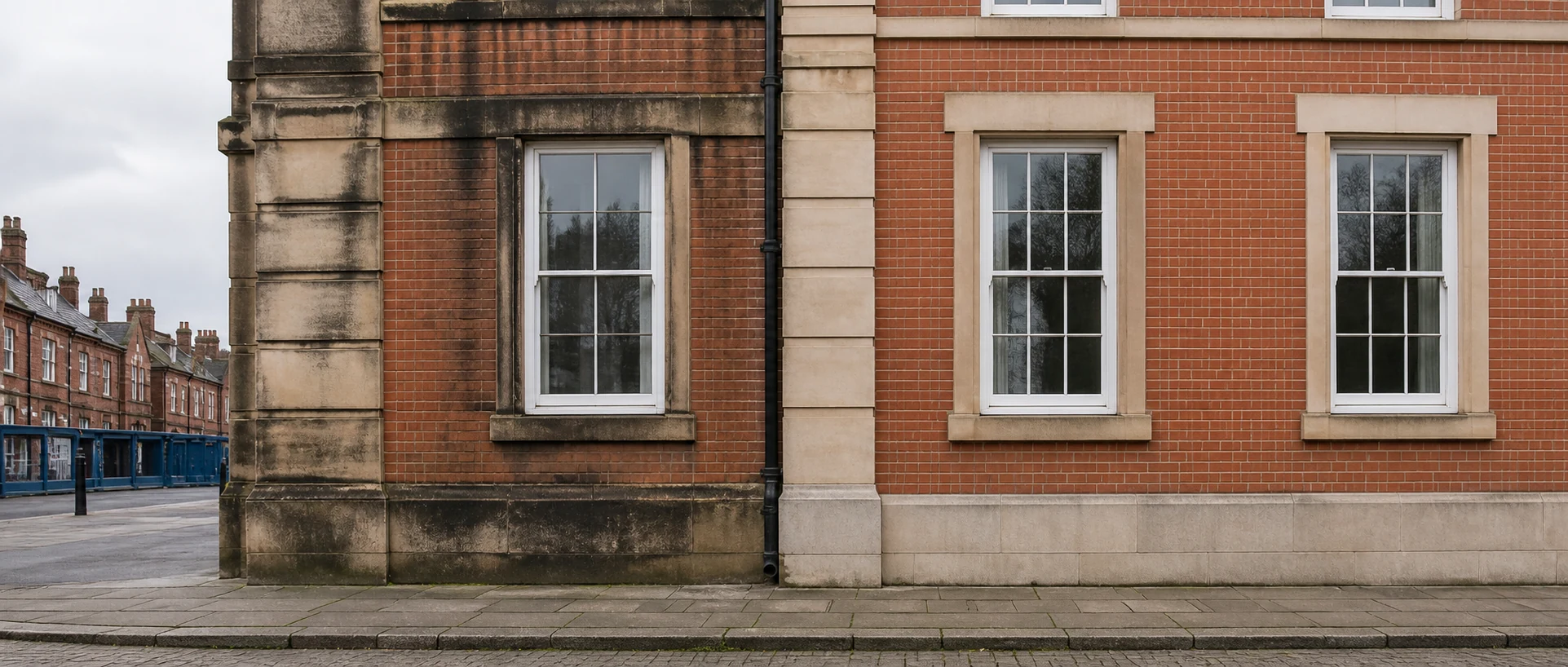 Stained brick and stone facade partly restored by specialist cleaning